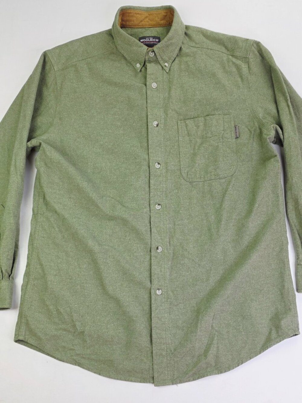Woolrich Green Heather Cotton Flannel Men Sz Large Long Sleeve Pocket Logo Shirt